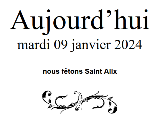 ephemeride's tweet photo. Aujourd'hui, mardi 9 janvier 2024,
nous fêtons Saint Alix.
Alix, du grec alikea, "vérité"
Sainte Alix le Clerc la Bienheureuse (fondatrice de la Congrégation de Notre-Dame, morte le 9 janvier 1622, béatifiée en 1947)

#ephemeride #saint #saintdujour #saints #fete #Agenda #Alix https://t.co/5FrXtzN04o