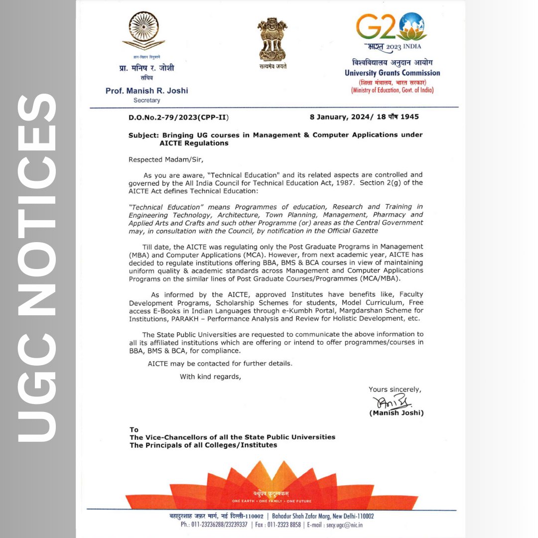 ugc_india's tweet photo. UGC Notice regarding bringing UG courses in Management and Computer Applications under AICTE Regulations.
Read Here: https://t.co/5IvAubLNxr
#UGC #UGCNotices https://t.co/Zvck3MMlWZ