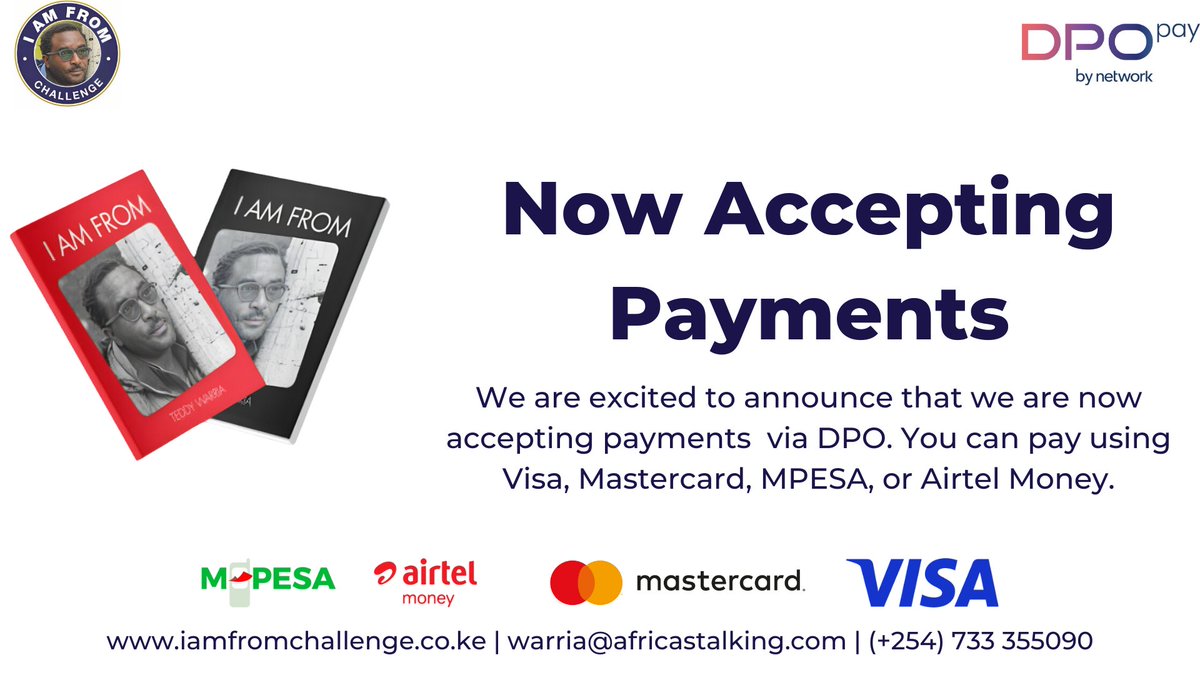 imfromchallenge's tweet photo. We are excited to announce that we are now accepting payments online! You can pay for our services using MPESA, Airtel Money, VISA, or Mastercard. Visit our website at https://t.co/H1ltdV3px4 to be part of the #IAmFromChallenge. Share your unique #Story with us.🎉🎉🎉 https://t.co/QFXWg5xu4x
