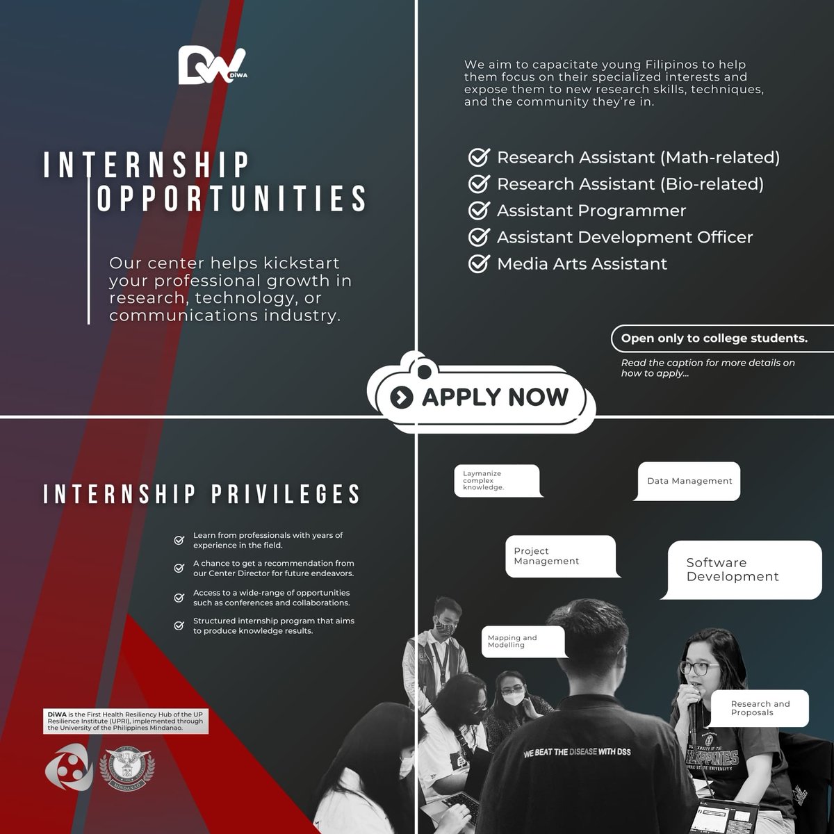 DiWA_phofficial's tweet photo. We are hiring!

Our internship program for 2024 is now open for more applicants for all interested college students in Math, Biology, Computer Science, and Communications field.

𝗔𝗽𝗽𝗹𝘆 𝗯𝘆 𝗳𝗶𝗹𝗹𝗶𝗻𝗴 𝗼𝘂𝘁 𝘁𝗵𝗶𝘀 𝗳𝗼𝗿𝗺:
https://t.co/L33xA0w5Gk

#Internship https://t.co/8rXKynlX6n