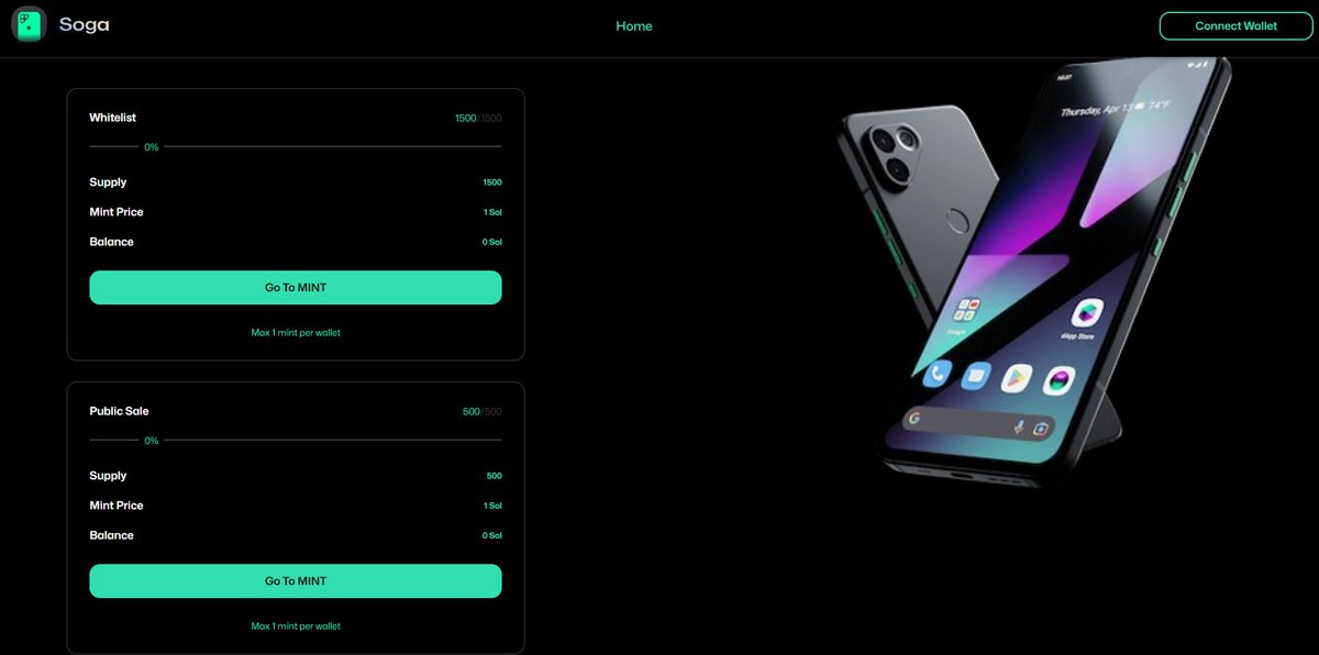 家人们，今晚记得冲SOGA：Solana DEPIN生态领军项目，持白今晚8点mint，公开10点mint，mint成本：1sol，单号1个，总量2000。打完20W刀市值，盈亏比不错，抢到大概率赚钱，Dyor

SOGA是Solana Depin生态的引领者，为Solana