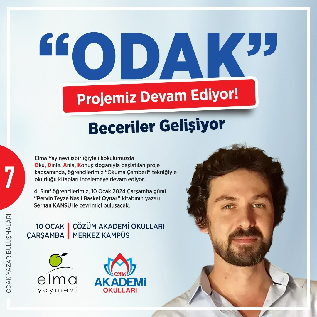 ODAK PROJEMİZ KALDIĞI YERDEN DEVAM EDİYOR!

4.Sınıf öğrencilerimiz, ‘’Pervin Teyze Nasıl Basket Oynar’’ kitabının yazarı Serhan KANSU ile 10 Ocak Çarşamba günü çevrimiçi buluşacak, görüş ve değerlendirmelerini paylaşacaklardır.

#elmayayinevi
#ÇözümAkademiOkullarıMerkezKampüs