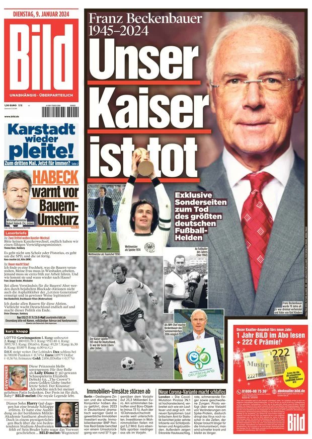 AsifBurhan's tweet photo. "Our Kaiser is dead", "Thanks for the football", "We all wanted to be Beckenbauer", "The Greatest Defender Ever", "Kaiser Franz" - some of the front pages around Europe today after the passing of Franz Beckenbauer #RIPBeckenbauer https://t.co/VTFHwxEyCO