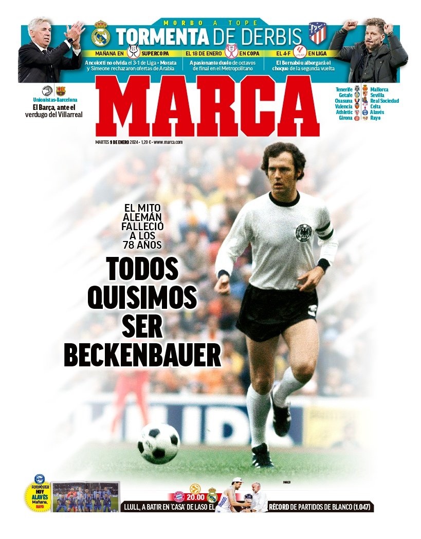 AsifBurhan's tweet photo. "Our Kaiser is dead", "Thanks for the football", "We all wanted to be Beckenbauer", "The Greatest Defender Ever", "Kaiser Franz" - some of the front pages around Europe today after the passing of Franz Beckenbauer #RIPBeckenbauer https://t.co/VTFHwxEyCO