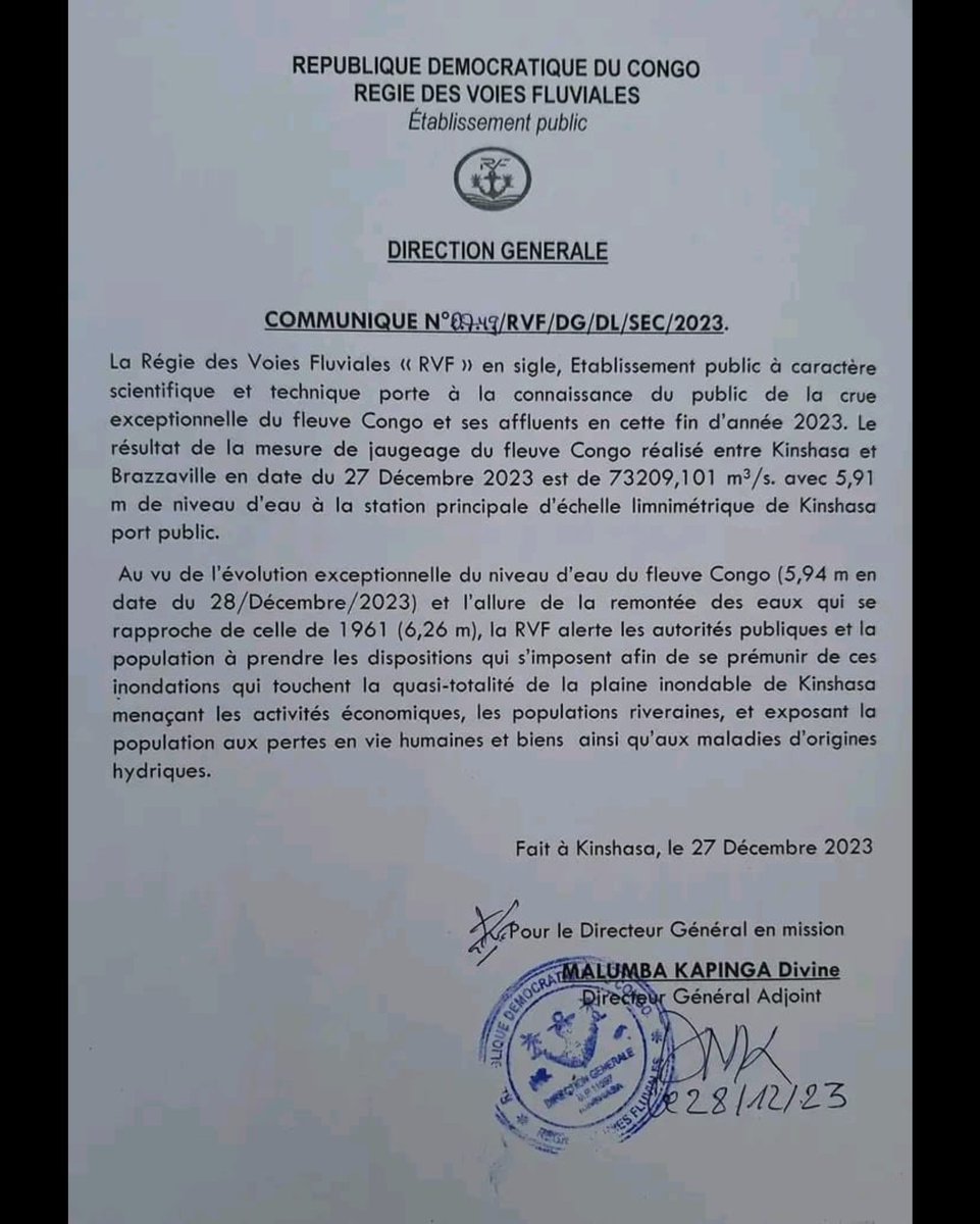 sorayaodia's tweet photo. Thread :Fleuve Congo crue et inondations

Tentative de documenter l'action des autorités congolaise...
Des cas ont été signalés déjà vers le 26 et 27/12 2023.

Ce n'est que le 28/12/2023, que l'on voit un communiqué pour "alerter"
Curieux d'alerter quand ça se produit déjà😏 
1/7 https://t.co/bKfFENs6XY