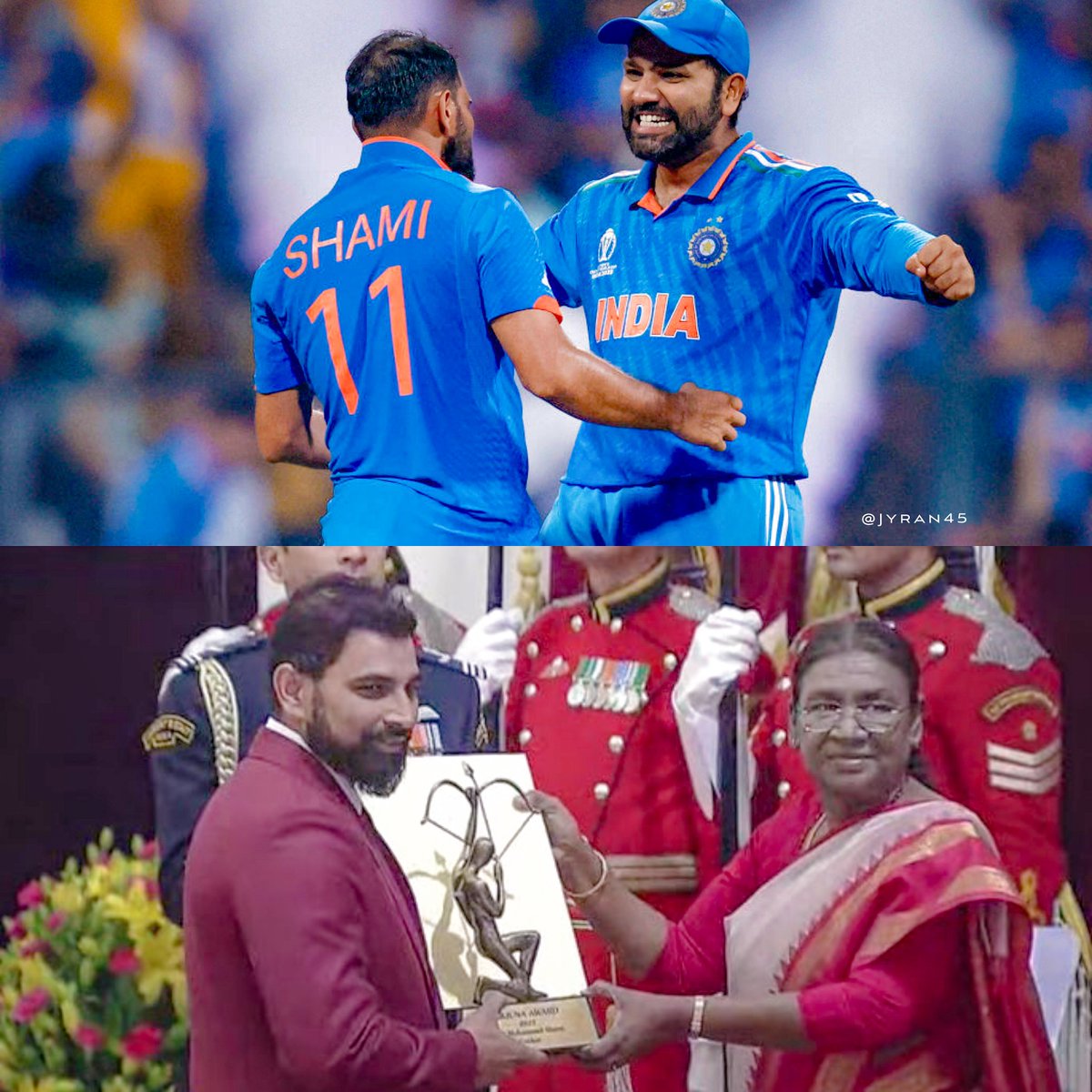 Jyran45's tweet photo. Shami played 188 international matches. 

Under Dhoni : 53 Matches - No Award ❌
Under Kohli : 98 Matches - No Award ❌
Under Rohit : 32 Matches - Arjuna Award. ✅

Captaincy matter. https://t.co/9iXxBvEJij