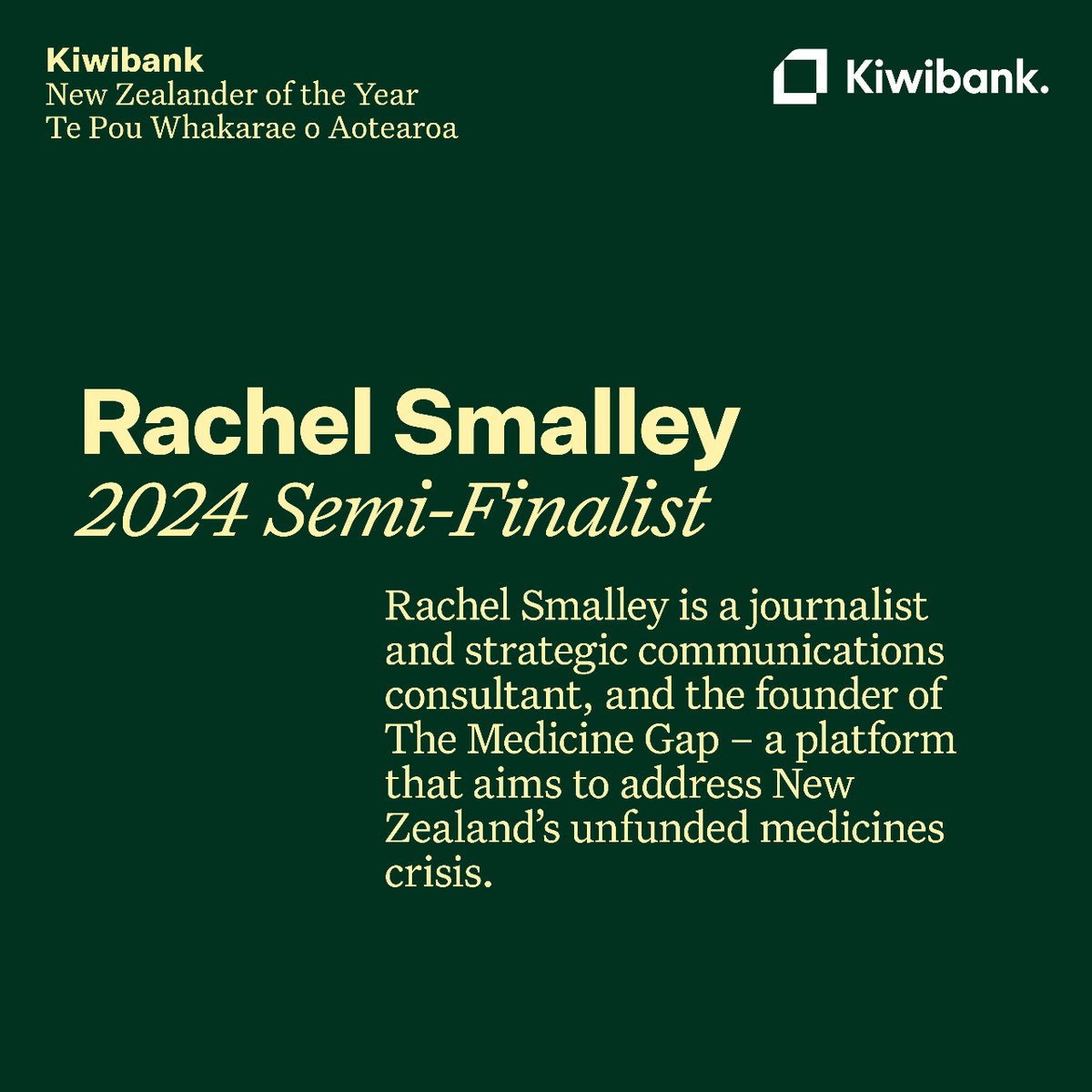 Kiwibank New Zealander of the Year Awards (@nzeroftheyear) on Twitter photo 2024 <a href="/KiwibankNZ/">Kiwibank</a> New Zealander of the Year Semi-Finalist <a href="/Rachel_Smalley/">Rachel Smalley</a> is a journalist and strategic communications consultant, and the founder of <a href="/TheMedicineGap/">The Medicine Gap</a>, addressing unfunded medicines in NZ.
Get to know Rachel and all 70 of your Semi-Finalists via the link in bio! 2024 <a href="/KiwibankNZ/">Kiwibank</a> New Zealander of the Year Semi-Finalist <a href="/Rachel_Smalley/">Rachel Smalley</a> is a journalist and strategic communications consultant, and the founder of <a href="/TheMedicineGap/">The Medicine Gap</a>, addressing unfunded medicines in NZ.
Get to know Rachel and all 70 of your Semi-Finalists via the link in bio!