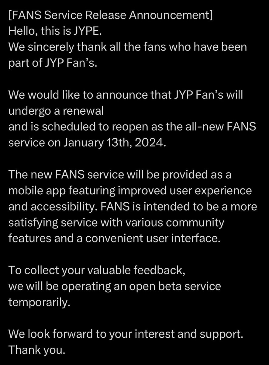 skzsfans's tweet photo. JYP FANS will reopen as a beta app on January 13, 2024! Stray Kids’s community will open the same day at 5pm KST! It seems like the app will be free — apart from membership only content (4th gen STAY recruitment has yet to be announced). 

Features: 
• community (membership only?)
• artist posts/polls
• calendar with artists’ schedules 
• membership only content 
• broadcasts/events
• in-app translator