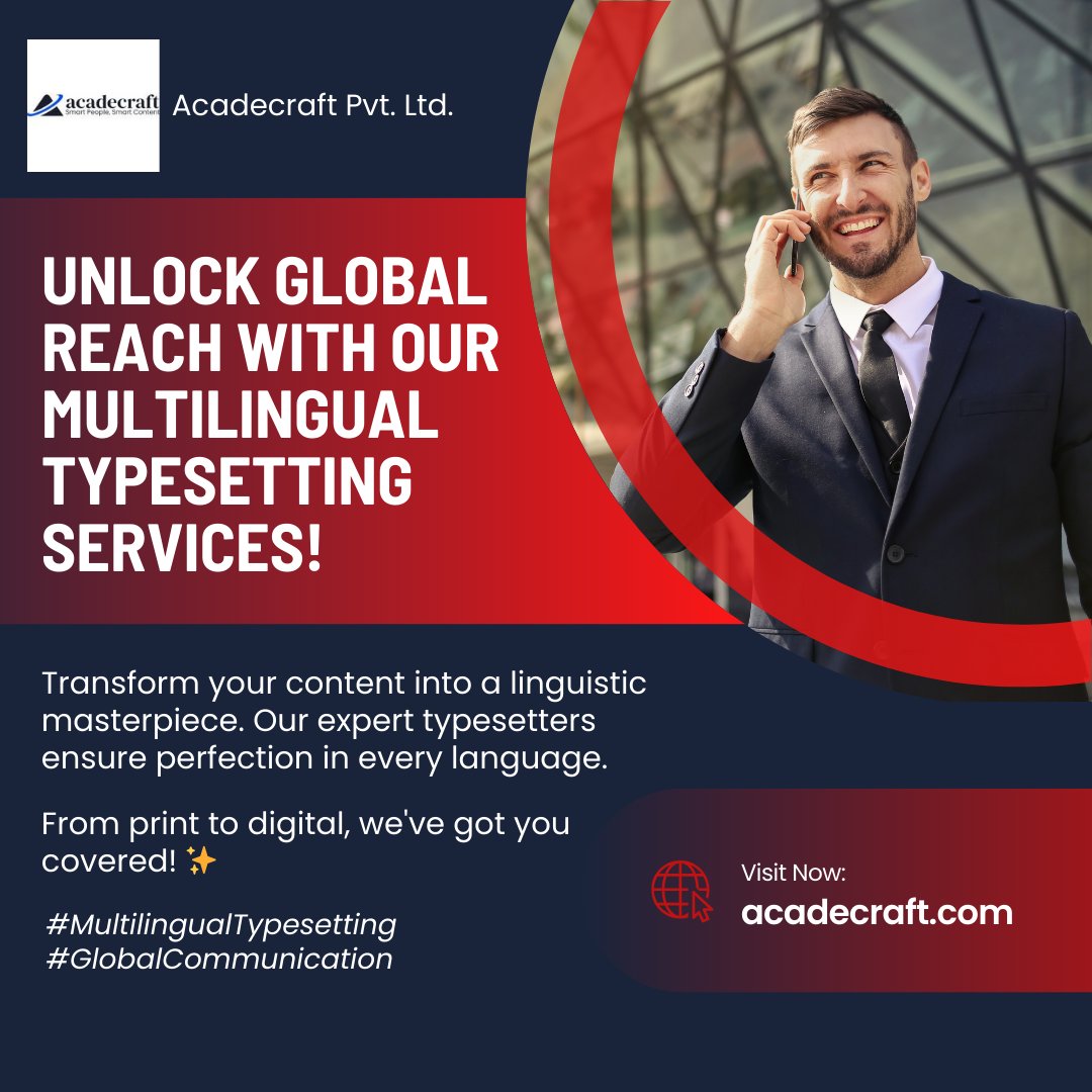 robertpatt6990's tweet image. Transform your content into a linguistic masterpiece. Our expert typesetters ensure perfection in every language. From print to digital, we&apos;ve got you covered! ✨
#MultilingualTypesetting #GlobalCommunication
acadecraft.com/editorial-and-…