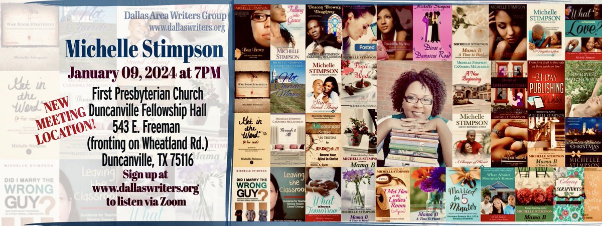 DAWGCedarHill's tweet photo. Author MICHELLE STIMPSON
JAN. 9, 2024 at 7 PM

First Presbyterian Church
Duncanville Fellowship Hall
543 E. Freeman (fronting on Wheatland Rd.)
Duncanville, TX

Visit https://t.co/3OUSraTrVz to sign up for Zoom. https://t.co/risCkjeMew
