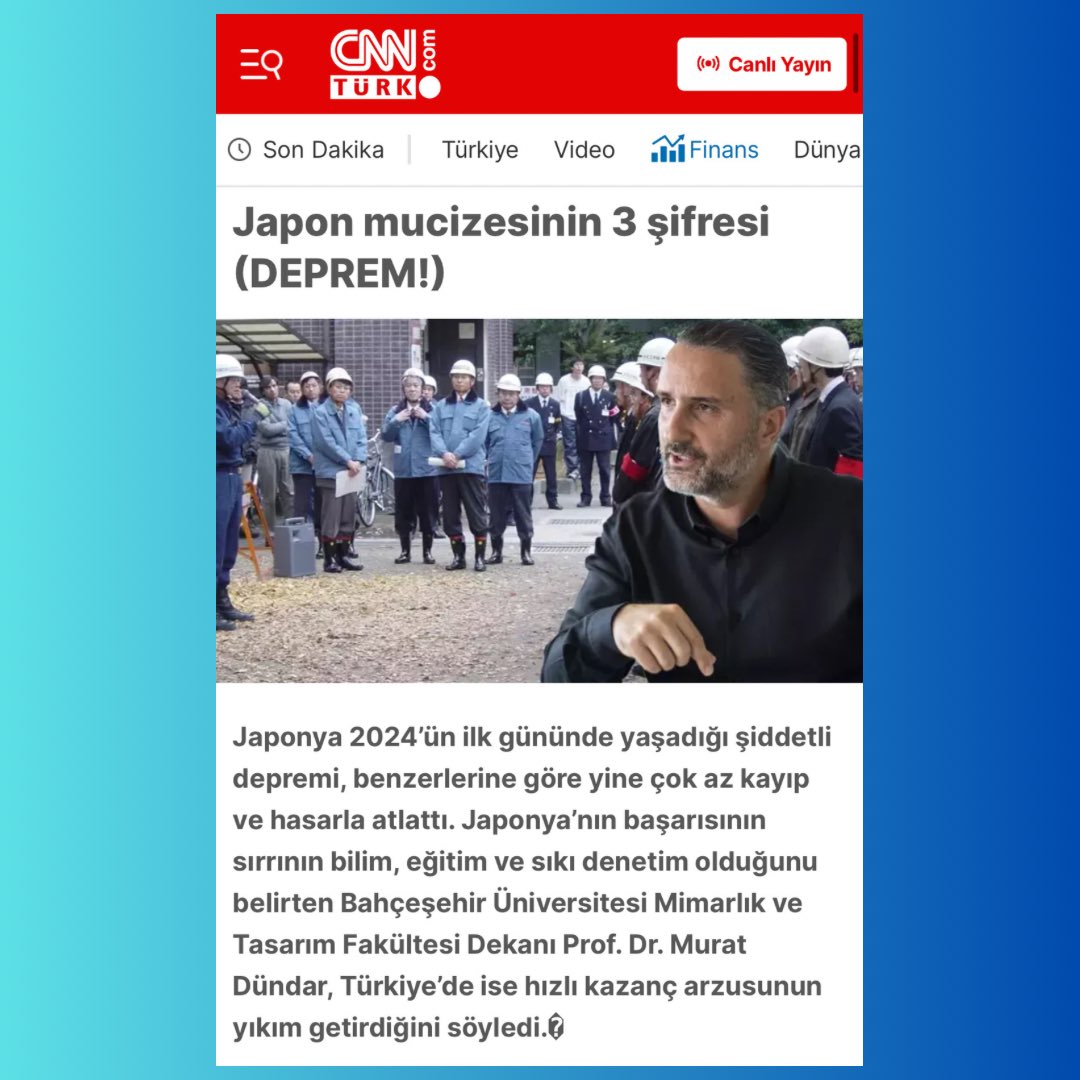 ✔️ Bahçeşehir Üniversitesi Mimarlık ve Tasarım Fakültesi Dekanı Prof. Dr. Murat Dündar, Japonya’nın depremlerdeki başarısının sırrının bilim, eğitim ve sıkı denetim olduğunu belirtti. HABERİNİZ OLSUN! <a href="/esraahatipoglu/">Esra Hatipoğlu</a> <a href="/dundarm3444/">Murat Dündar</a> <a href="/bau_arch_design/">BAU Faculty of Architecture & Design</a> 

cnnturk.com/turkiye/japon-…