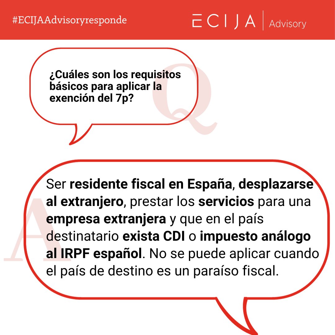 AdvisoryEcija's tweet photo. Respondemos consultas relacionadas a la exención del 7p en nuestra sección #ECIJAAdvisoryresponde. 

➡️ La exención aplica hasta 60.100 euros anuales para rendimientos del trabajo en el extranjero. 

#ECIJAAdvisory #residenciafiscal #retenciones https://t.co/yI7w2R2qaC