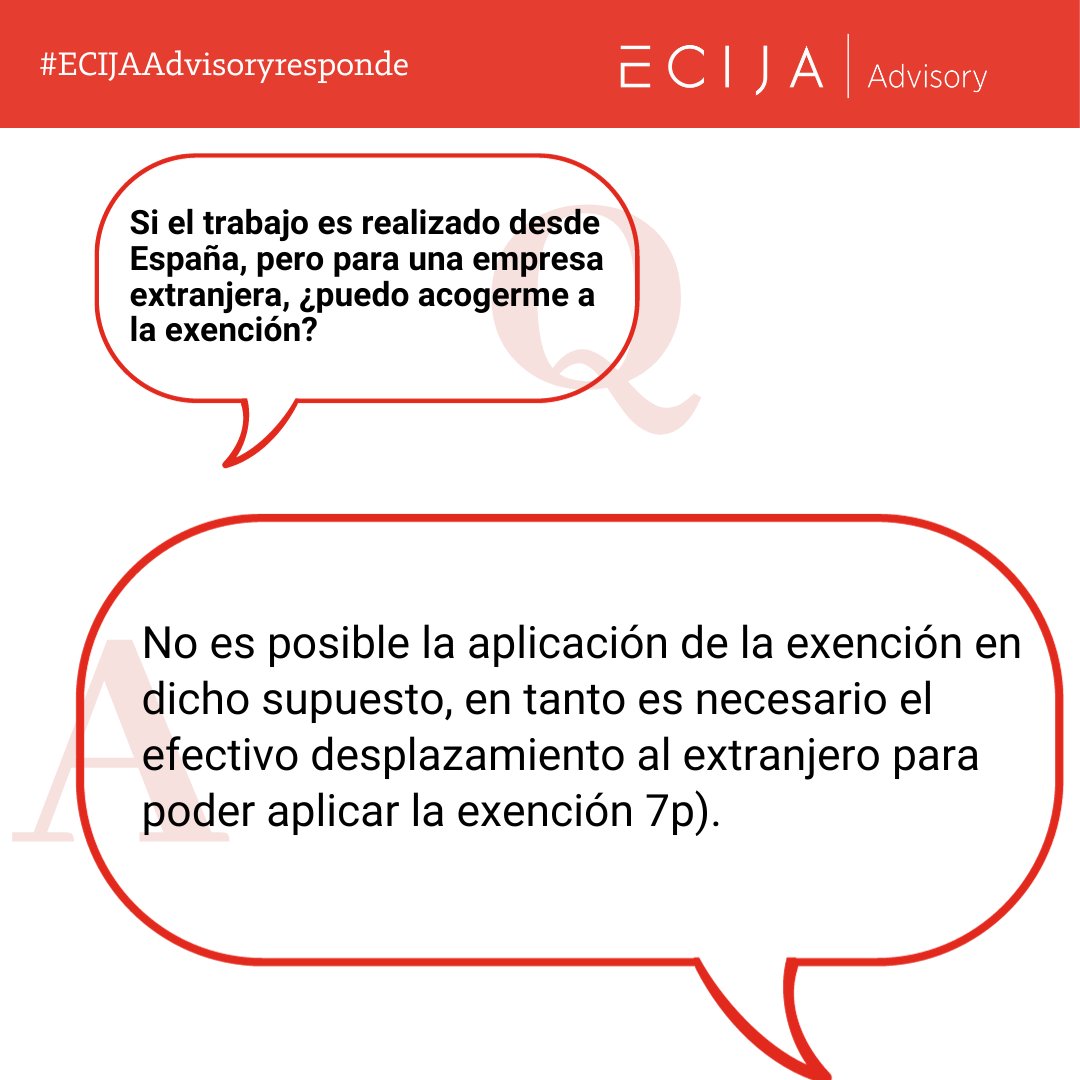 AdvisoryEcija's tweet photo. Respondemos consultas relacionadas a la exención del 7p en nuestra sección #ECIJAAdvisoryresponde. 

➡️ La exención aplica hasta 60.100 euros anuales para rendimientos del trabajo en el extranjero. 

#ECIJAAdvisory #residenciafiscal #retenciones https://t.co/yI7w2R2qaC