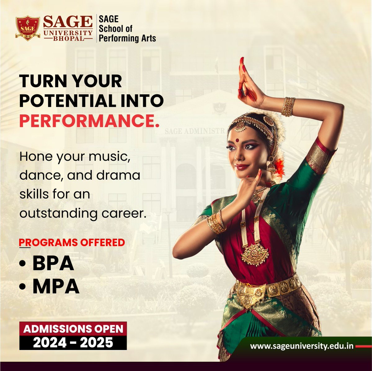 SageUniBhopal's tweet photo. Transform your passion for #Dance / #Music into a lifelong career. Choose SAGE School of Performing Arts that opens doors to endless possibilities
🌐 : https://t.co/HBOkbkfWY2
#BPA #MPA #SAGEUniversity #SAGEUniversityBhopal #SAGEBhopal #TopUniversityInMP #BestUniversityInBhopal https://t.co/nEpqzdHpvz