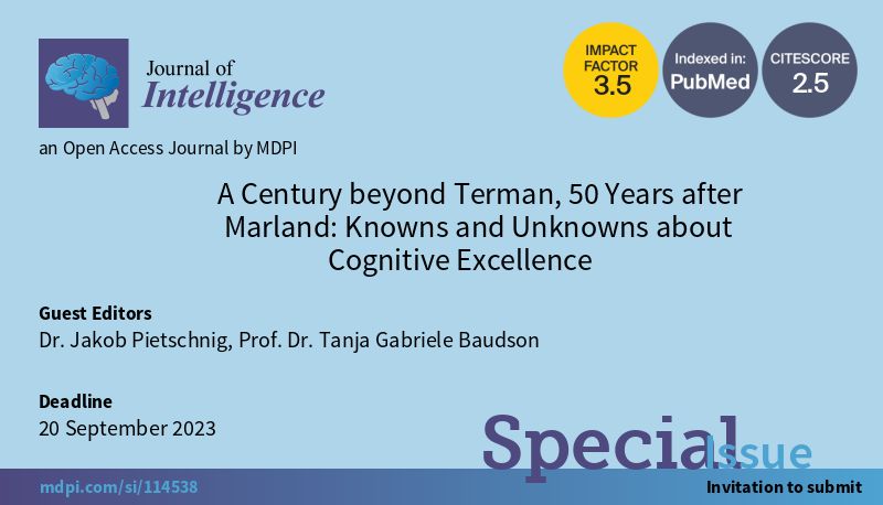 The Special Issue that was edited by Jakob Pietschnig (<a href="/univienna/">Universität Wien</a>) and <a href="/TGBaudson/">Tanja Gabriele Baudson (she/her)🇪🇺</a> has published 9 papers. Welcome to read the paper collection about #giftedness and #CognitiveExcellence.

mdpi.com/journal/jintel…