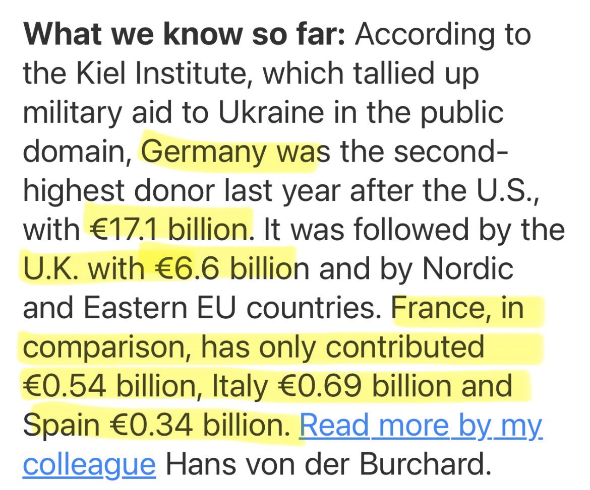 Shocking numbers on French, Italian and Spanish contributions to defence of Ukraine, via <a href="/POLITICOEurope/">POLITICOEurope</a> playbook. #UkraineWar …unless there’s some other explanation?🤷‍♂️