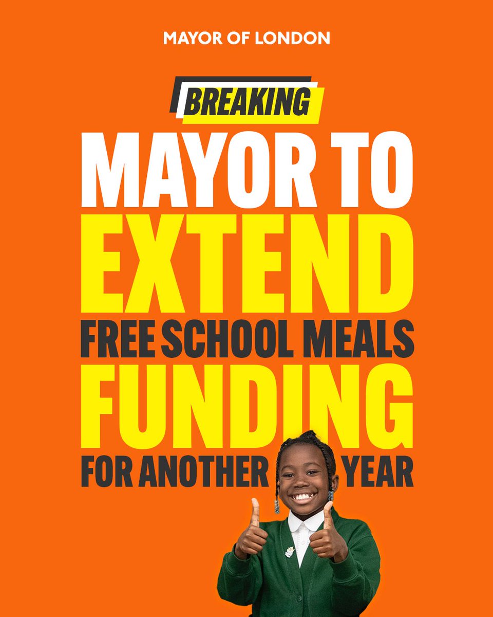 JUST ANNOUNCED: City Hall's groundbreaking free school meals programme is to be extended for another year.

No child should go hungry in our city. 

The Government have refused to act, so I’ve stepped up.