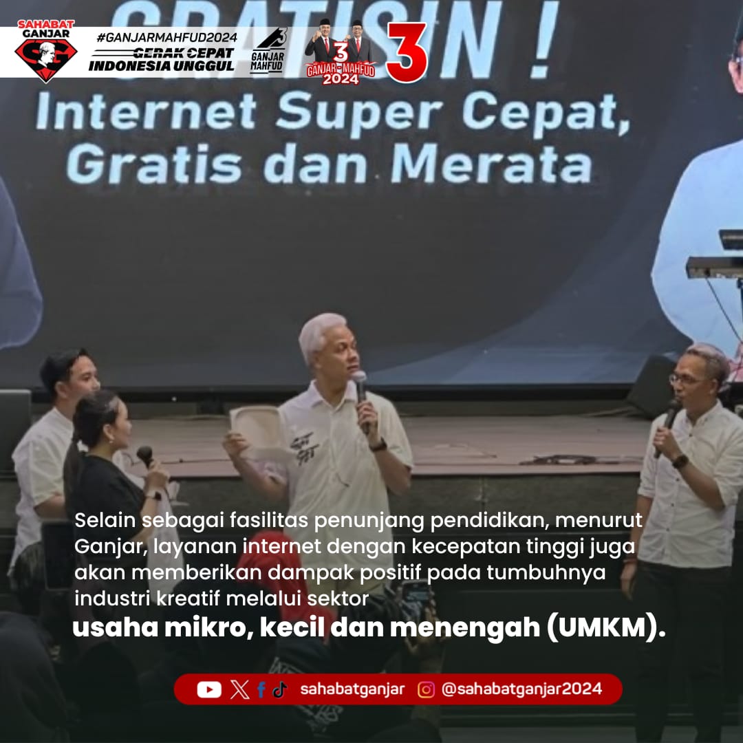 Capres <a href="/ganjarpranowo/">Ganjar Pranowo</a> memastikan layanan internet super cepat, gratis &amp; merata seluruh wilayah Indonesia melalui program GratisIN, jika terpilih sbg Presiden RI. Program ini diharapkan meningkatkan kualitas pendidikan &amp; membantu ekonomi lokal termasuk sektor UMKM.
#SahabatGanjar