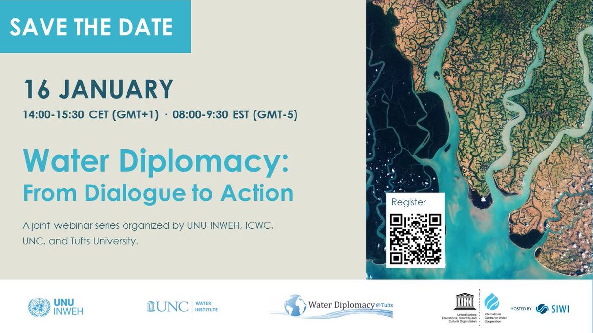 The webinar series 'Water Diplomacy: From Dialogue to Action', organised by @UNUINWEH, @ICWC_SE,  @UNC and @TuftsUniversity on 16 Jan will mark the 'Routledge Water Diplomacy Handbook', an initiative of the ICWC and UNC, with support from @UNESCO. Link for registration below🕊️💧