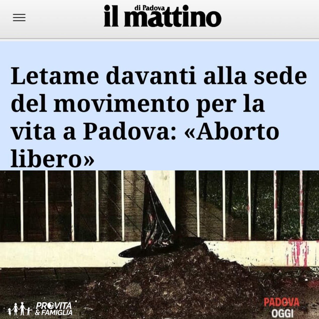 ProVitaFamiglia's tweet photo. Solidarietà al Centro Aiuto alla Vita di Padova per il vile e schifoso attaccato che hanno subito!

«Esprimiamo la nostra piena solidarietà, vicinanza e amicizia al Centro di Aiuto alla Vita di Padova e a tutto il Movimento per la Vita per le gravi e vergognose aggressioni subite presso la loro sede. 

Questi ultimi fatti, insieme a quanto accaduto nelle scorse settimane con l’assalto alla nostra sede di Roma e il ritrovamento di un ordigno esplosivo, dimostrano che è in corso una vera e propria strategia per tentare di silenziare, intimidire e incutere terrore a tutte quelle realtà che si spendono per la tutela della vita nascente e i diritti delle donne. 

Da decenni, infatti i Cav sono al servizio di famiglie, madri e bambini, avendone salvati centinaia di migliaia dall’aborto. 

Auspichiamo che possano terminare quanto prima queste violenze e che quanto accaduto possa contribuire solo a rafforzare e amplificare la cultura e le azioni in favore della vita». 

Così @jacopocoghe, portavoce di Pro Vita & Famiglia onlus.
