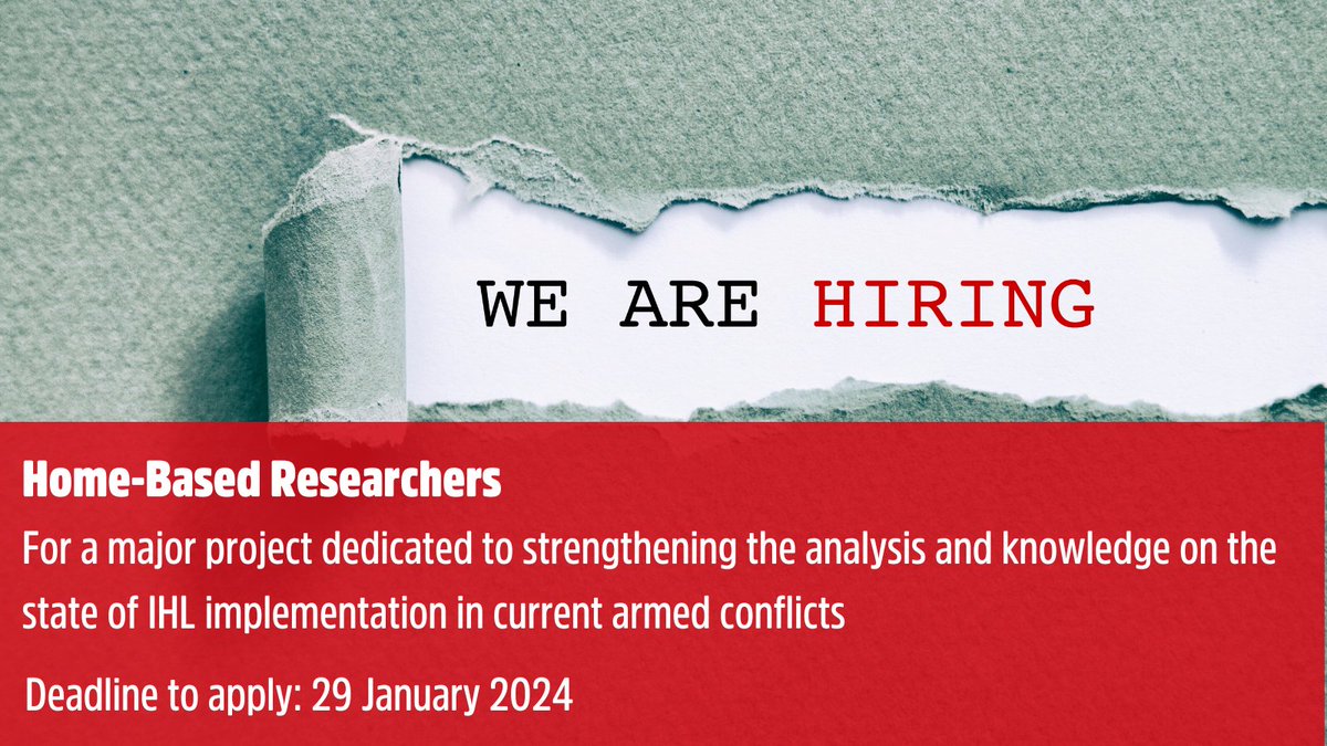 📢We're also looking for four Home-Based Researchers to support a project on the state of #IHL implementation in current #armedconflicts to cover Asia-Pacific, Middle East/North Africa,  Africa &amp; Central-South Americas.

Learn more and apply: geneva-academy.ch/the-academy/va…