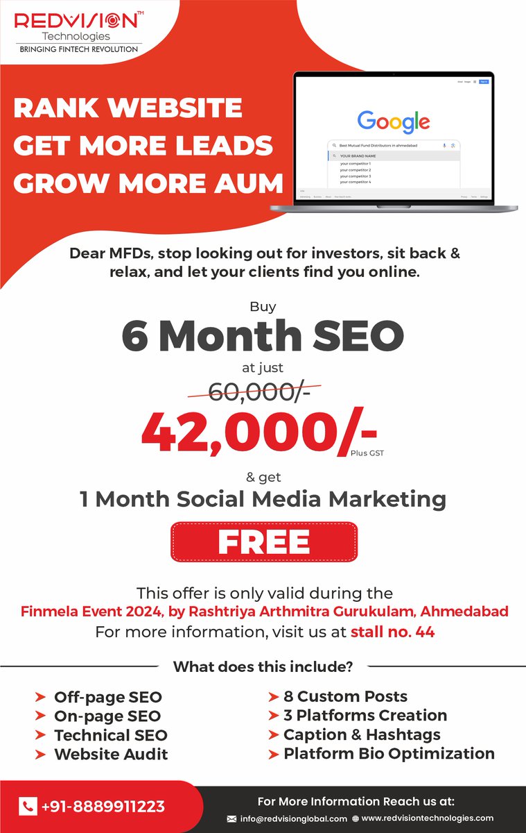 redvisionindore's tweet image. Attention MFDs,
Fintech leaders are coming to Finmela 2024 with an ultimate marketing solution for you:
📷Generate high-quality leads
📷Attract new investors
📷Boost your AUM
Stop looking for clients, let them find you online!

#AMGRashtriya2024 #FinMela2024 #REDVision #Ahmedabad