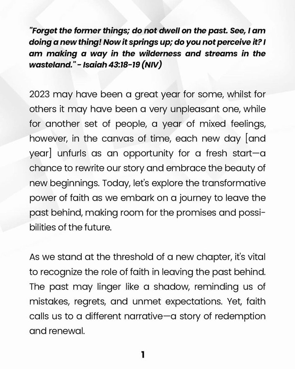 Harvestersabj's tweet photo. FASTING DAY 2:
Todayโs devotional is a powerful reminder that with faith, we step into new beginnings by leaving the past behind.
Surrender those old patterns, doubts, or fears so you can make room for the new.
#FaithJourney #NewYearVision #HarvestersPrayers #abujachurch https://t.co/NktXtI5u0I