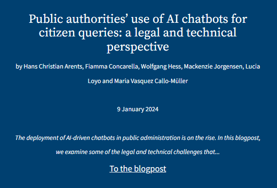 A new year, a new post!🥳 In a new blogpost, alumni Hans, Fiamma, Wolfgang, @kenzjorg206, Lucia and @MdC_Vasquez examine some of the legal and technical challenges of public authorities that implement #chatbots to reply to citizen queries. Read it here: law.kuleuven.be/ai-summer-scho…
