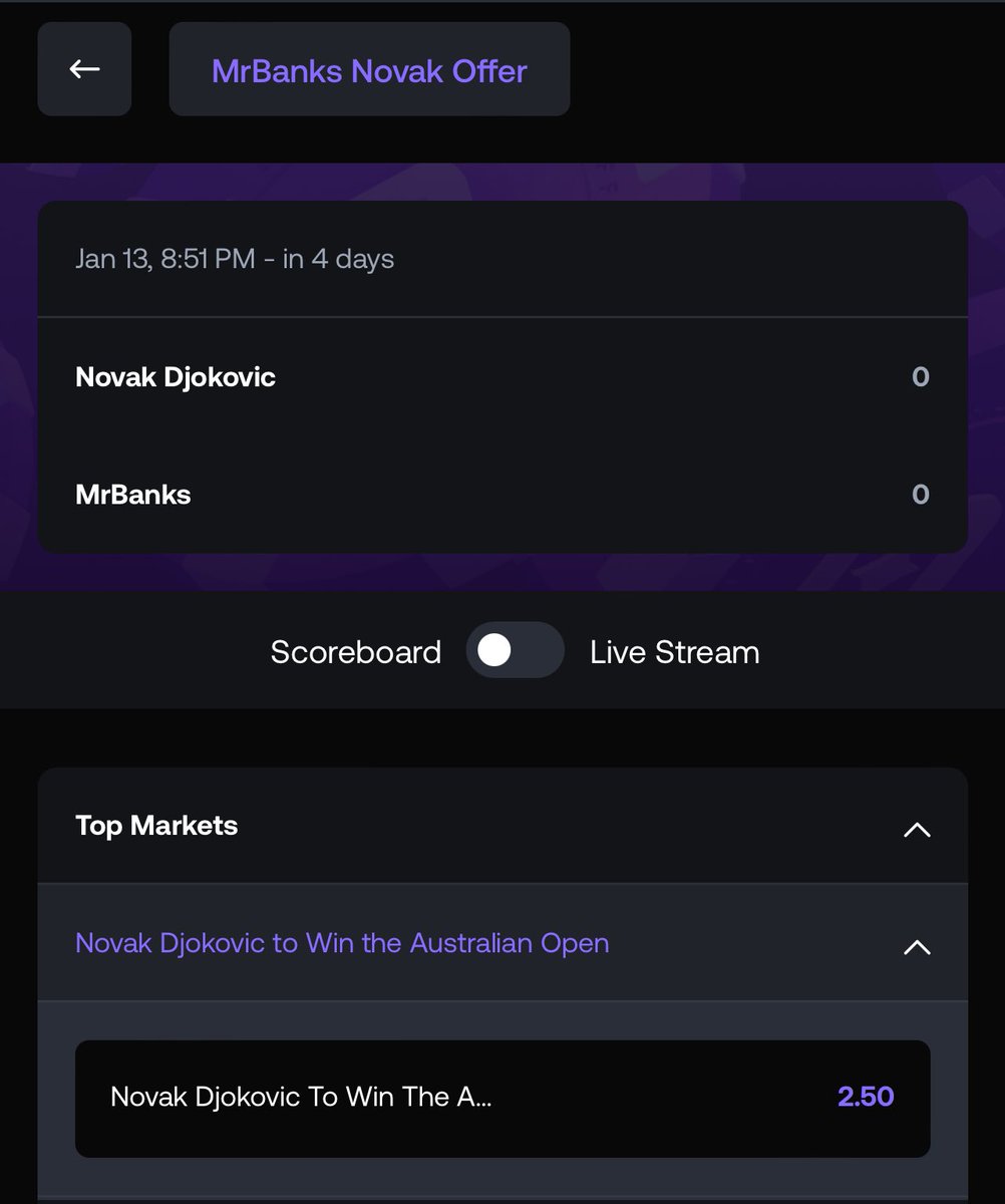 Get on this exclusive promo on SHUFFLE! 🔥

Register on Shuffle via link shuffle.com/?r=BANKS

Use promo code Banks 

Novak Djokovic to win the Australian Open at 2.5 odds

Bet a minimum of $10 and you’ll get a $5 reload for every match Djokovic wins in the Australian Open