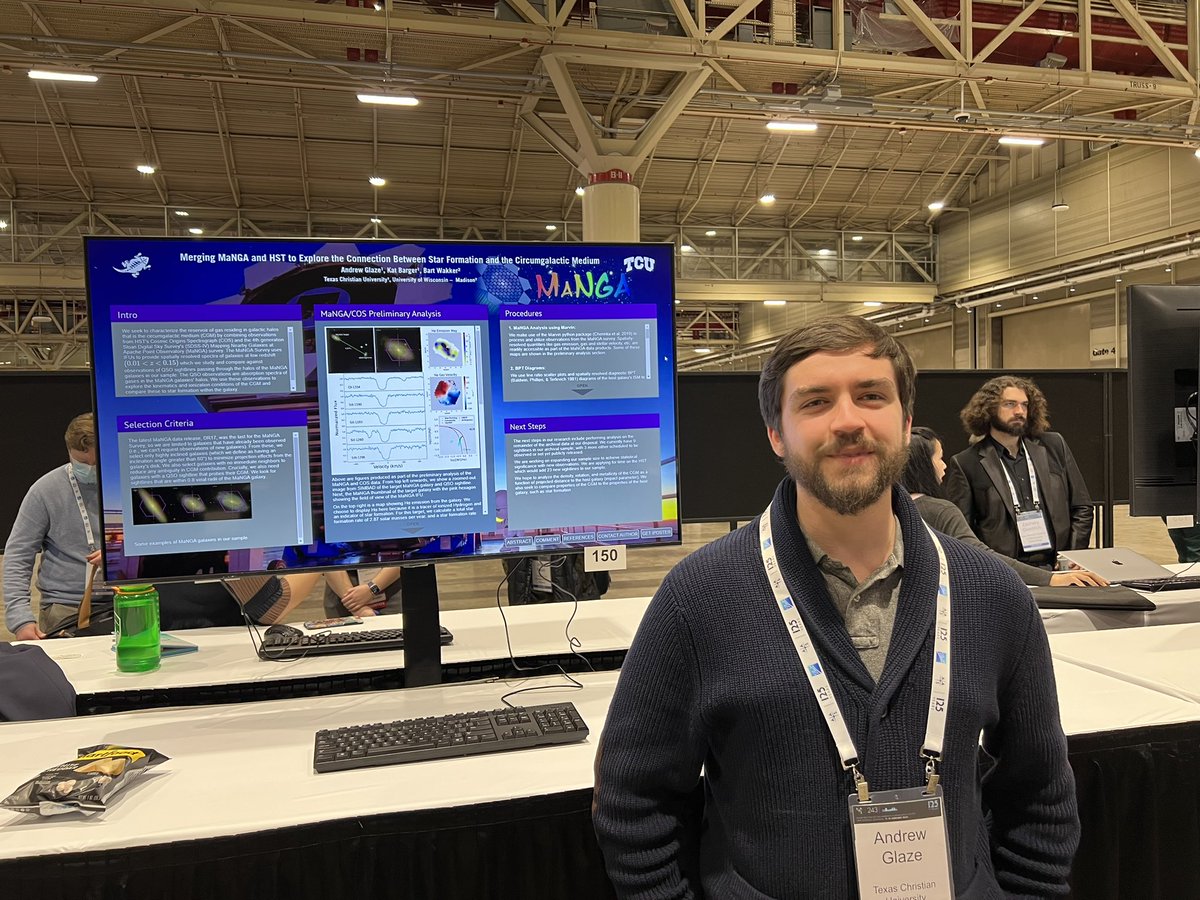 Great job Andrew Glaze on your first AAS poster presentation! He is working on connecting what is happening within galaxies with the gas that surrounds them. #AAS243 <a href="/TCUPhysAstro/">TCU Phys & Astro</a>