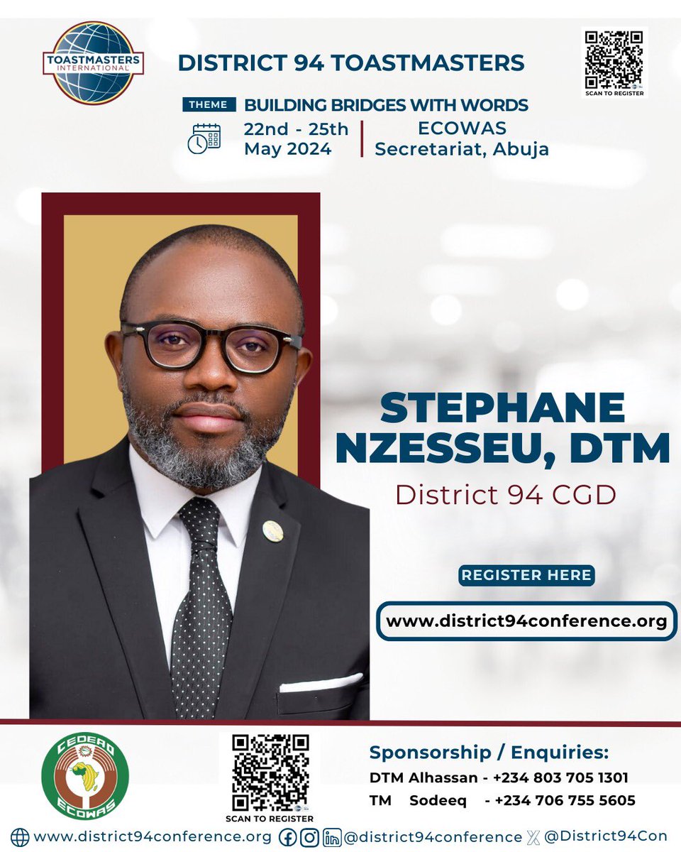 Meeting with world leaders is a great way to hone your leadership and communication skills. START NOW!!!

Meet our leaders! Serge Stéphane NZESSEU, DTM

Theme: Building bridges with words
22nd - 25th May 2024 live in Abuja, Nigeria

REGISTER HERE: lnkd.in/eVdwZ4wu