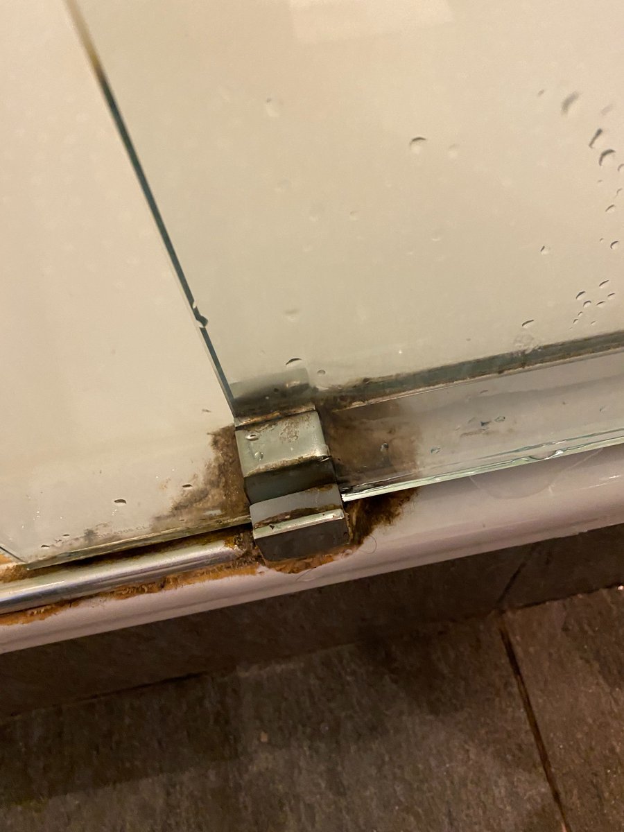 johnfhall's tweet photo. @premierinn do you consider this mould in in our room in the Edinburgh Royal Mile shower acceptable? And don't ask me to DM you as I have got a response from your X account which says it is a 'local hotel issue' and their email bounces. https://t.co/fbN0kOaU5w