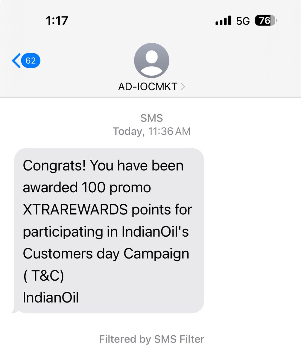 Today as customer I have received the following XTRAREWARD points after refuelling my car @IndianOilcl RO! Happy customers Day!💐