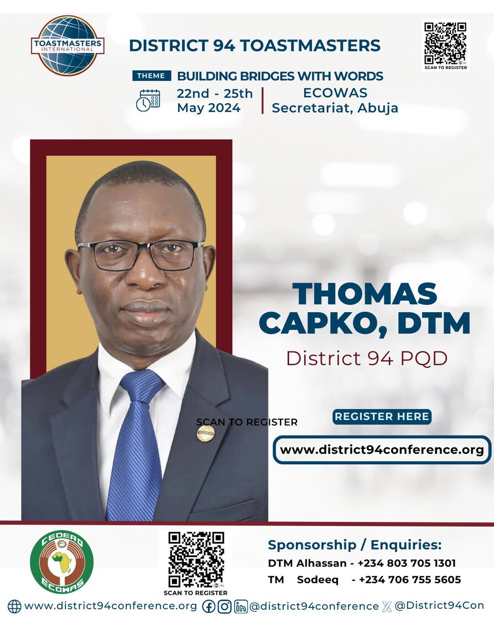 Meeting with world leaders is a great way to hone your leadership and communication skills. START NOW!!!

Meet our leaders! Thomas capko, DTM

Theme: Building bridges with words
22nd - 25th May 2024 live in Abuja, Nigeria

REGISTER HERE: lnkd.in/eVdwZ4wu