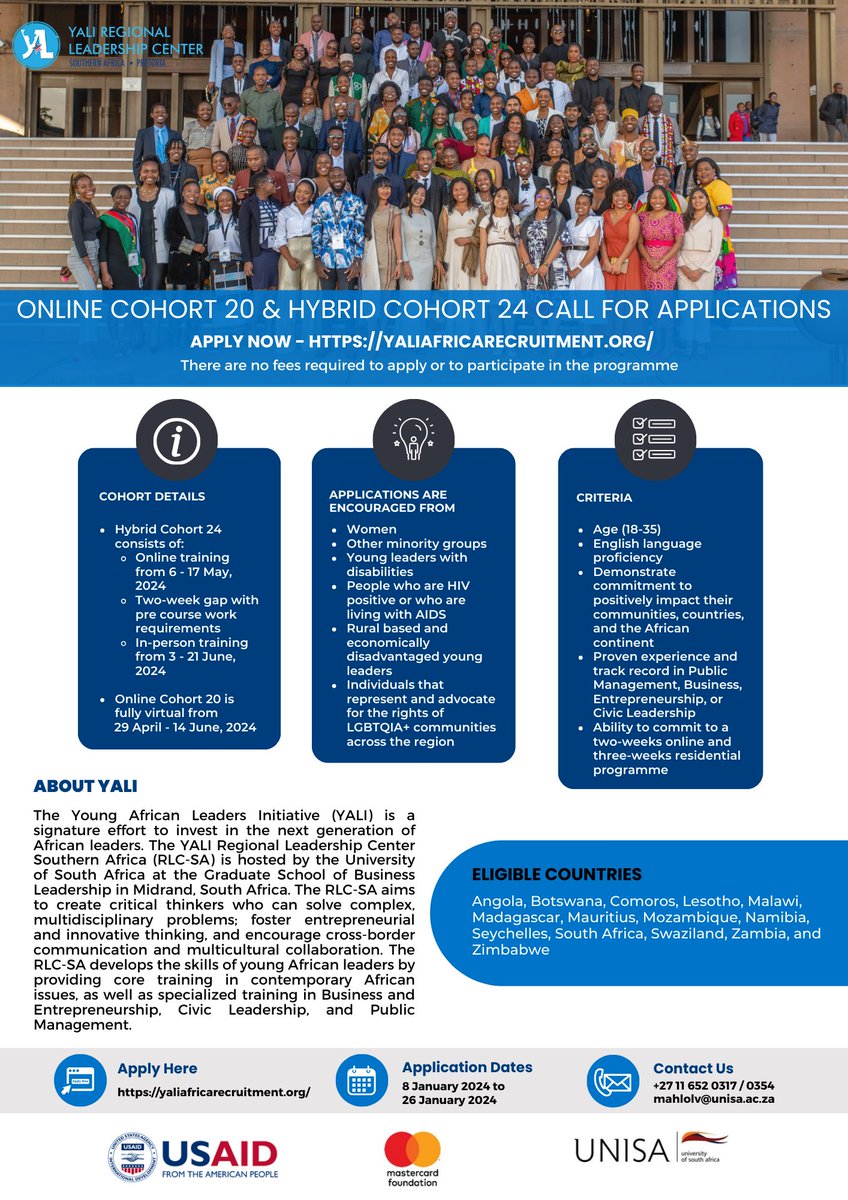 RLC_SAfrica's tweet photo. Applications for #YALIRLCSA Online Cohort 20 &amp; Hybrid Cohort 24 are open!
Cohort 24: Online from 6 – 17 May 2024 and In-person from 3 – 21 June 2024
Online Cohort 20: Fully online from 29 April – 14 June 2024
Application Due: 26 January 2024
Apply Here: https://t.co/aq6HokowDP https://t.co/uu7jS8e12Y