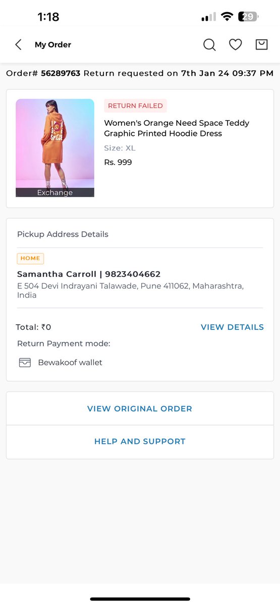 Sammie__1197's tweet photo. @bewakoof I need to return this product and the source of refund should be to my account which is the original method of payment 
@bewakoof your service is horrible and is very stressful please respond asap https://t.co/xsSOZTQGnt