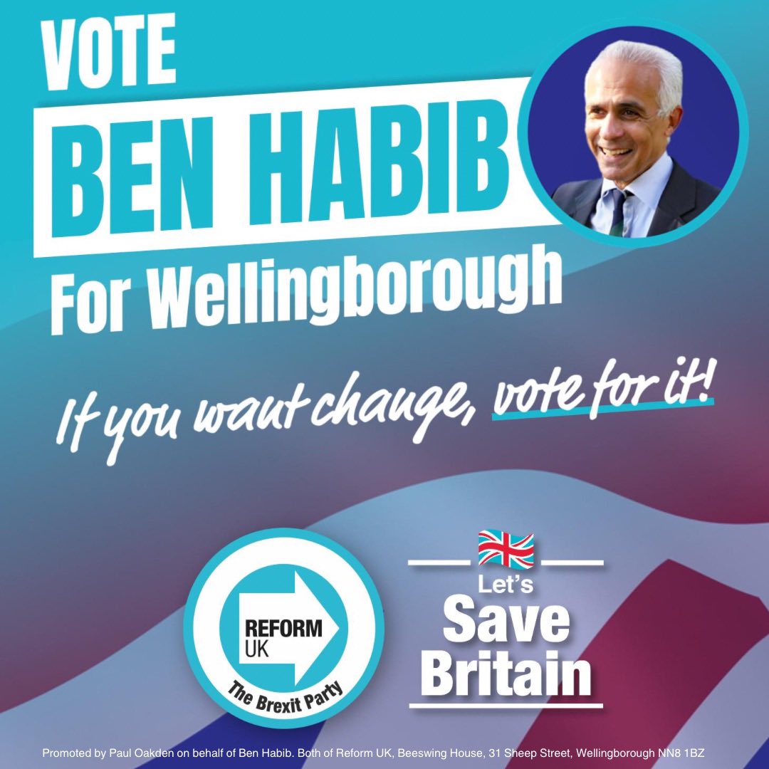 reformparty_uk's tweet photo. Vote Ben Habib in the upcoming Wellingborough by-election.

If you want change, vote for it!!

@BackBrexitBen 🙌 https://t.co/JTsYSi2oU6