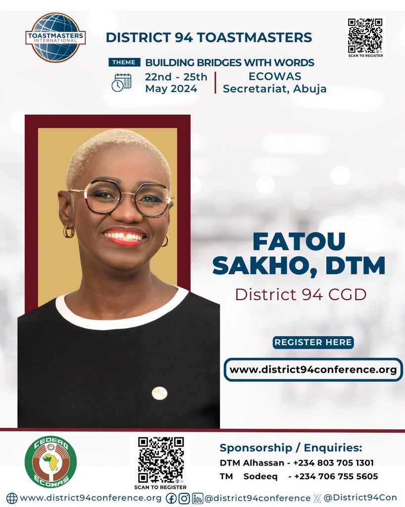 Meeting with world leaders is a great way to hone your leadership and communication skills. START NOW!!!

Meet our leaders! Fatou Sakho Kamagaté, DTM

Theme: Building bridges with words
22nd - 25th May 2024 live in Abuja, Nigeria

REGISTER HERE: lnkd.in/eVdwZ4wu