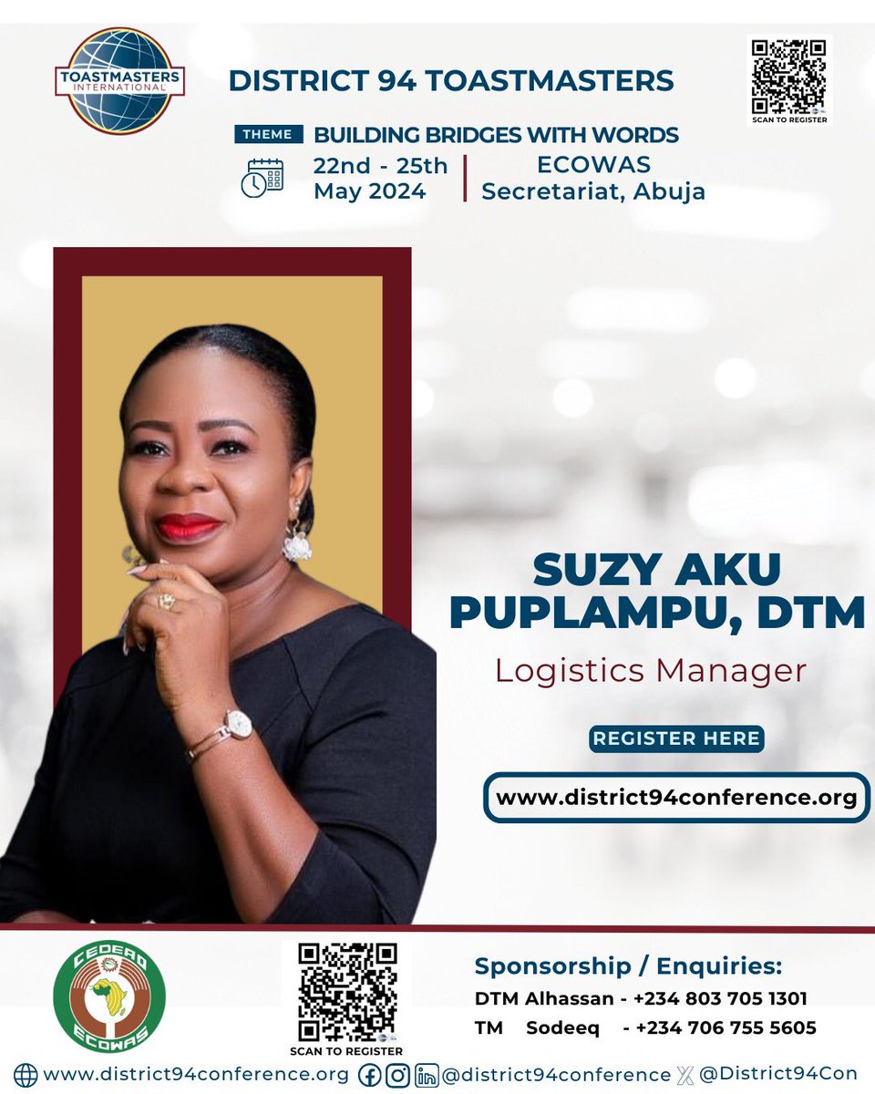 Meeting with world leaders is a great way to hone your leadership and communication skills. START NOW!!!

Meet our leaders! Dr. Suzy Aku Akpene Puplampu  DTM

Theme: Building bridges with words
22nd - 25th May 2024 live in Abuja, Nigeria

REGISTER HERE: lnkd.in/eVdwZ4wu