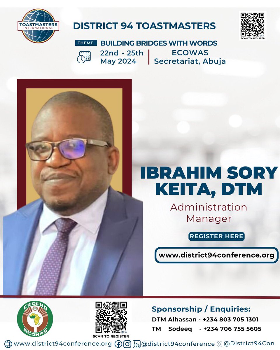 Meeting with world leaders is a great way to hone your leadership and communication skills. START NOW!!!

Meet our leaders! Ibrahim sorry keita, DTM

Theme: Building bridges with words
22nd - 25th May 2024 live in Abuja, Nigeria

REGISTER HERE: lnkd.in/eVdwZ4wu