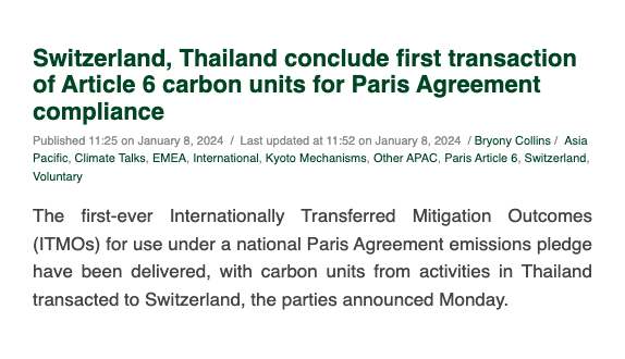 Carbon trading under the #ParisAgreement has officially started! Carbon Pulse reports the first-ever transfer under #Article6 of the Paris Agreement between Thailand and the Article 6 trail-blazer Switzerland. Many countries have already established agreements to trade under