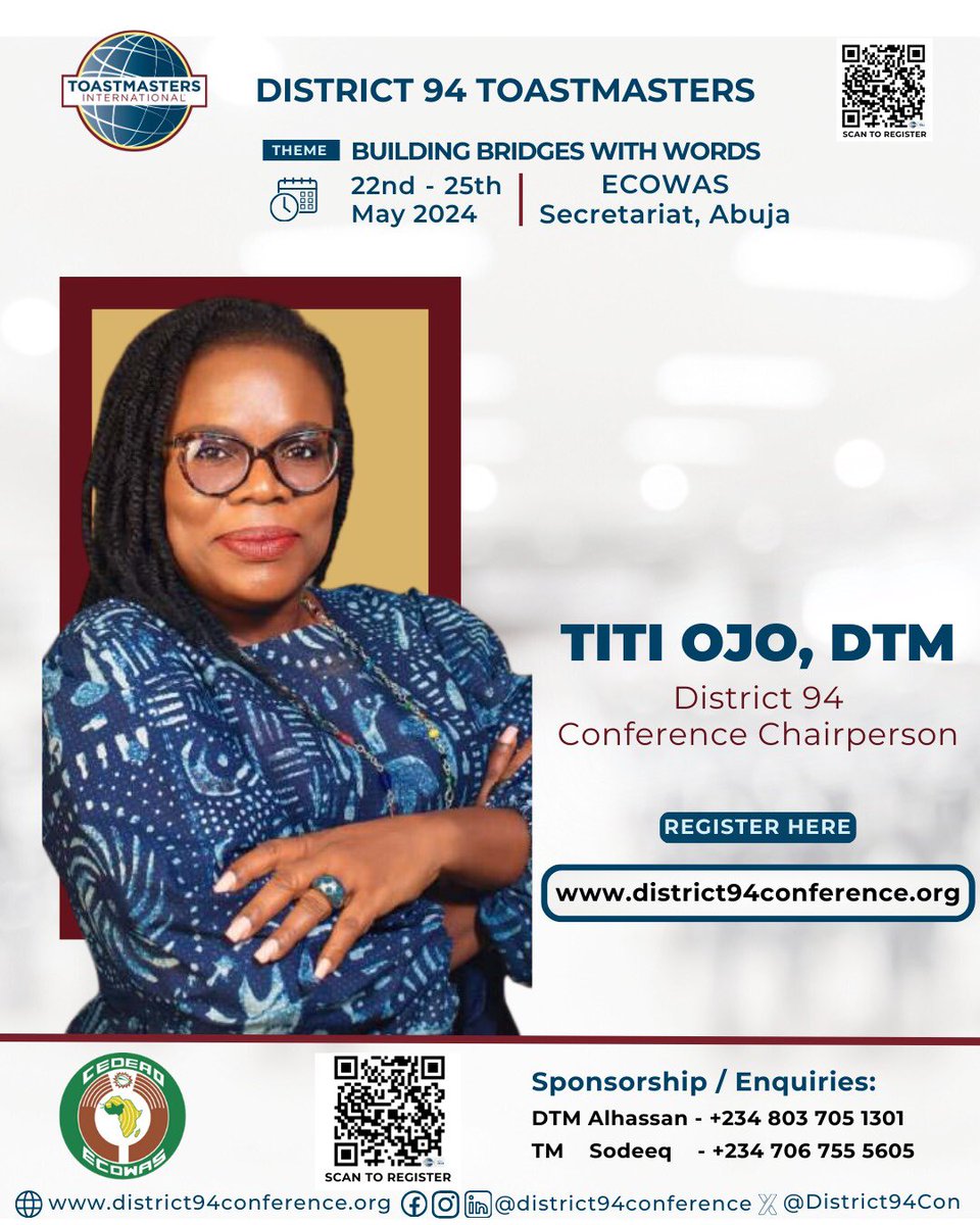 Meeting with world leaders is a great way to hone your leadership and communication skills. START NOW!!!

Meet our leaders! Titi Ojo (NBDSP, PMP®), DTM

Theme: Building bridges with words
22nd - 25th May 2024 live in Abuja, Nigeria

REGISTER HERE: lnkd.in/eVdwZ4wu