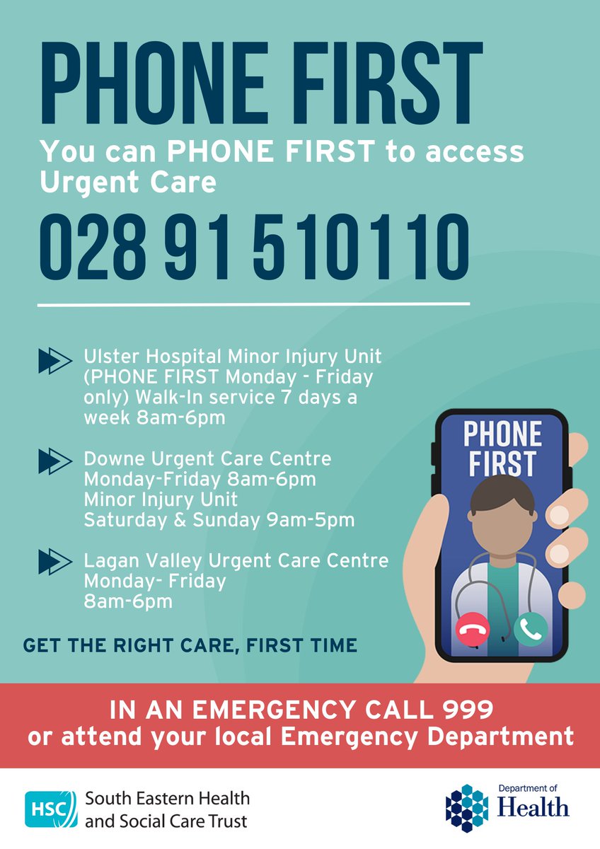 South Eastern Trust (@setrust) on Twitter photo An optional Phone First service is starting today at the Ulster Hospital Minor Injury Unit (Mon-Fri 8am-6pm).
Our Walk-In service will continue daily 8am-6pm. Our Phone First at Lagan Valley & Downe remains the same.
READ MORE- bit.ly/3S827TR
<a href="/healthdpt/">Department of Health</a> <a href="/HSC_NI/">Health and Social Care Northern Ireland</a> An optional Phone First service is starting today at the Ulster Hospital Minor Injury Unit (Mon-Fri 8am-6pm).
Our Walk-In service will continue daily 8am-6pm. Our Phone First at Lagan Valley & Downe remains the same.
READ MORE- bit.ly/3S827TR
<a href="/healthdpt/">Department of Health</a> <a href="/HSC_NI/">Health and Social Care Northern Ireland</a>