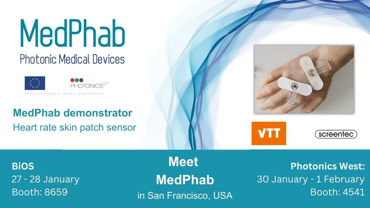 MedPhab's tweet photo. Explore a pioneering MedPhab demonstrator - the innovative heart rate skin patch sensor during #BiOS2024 and #PhotonicsWest2024.
The demonstrator has been developed by Screentec and @VTTFinland
@Photonics21 #photonics @photonicseu #medtech #medicaldevices https://t.co/OzTN3VayMl