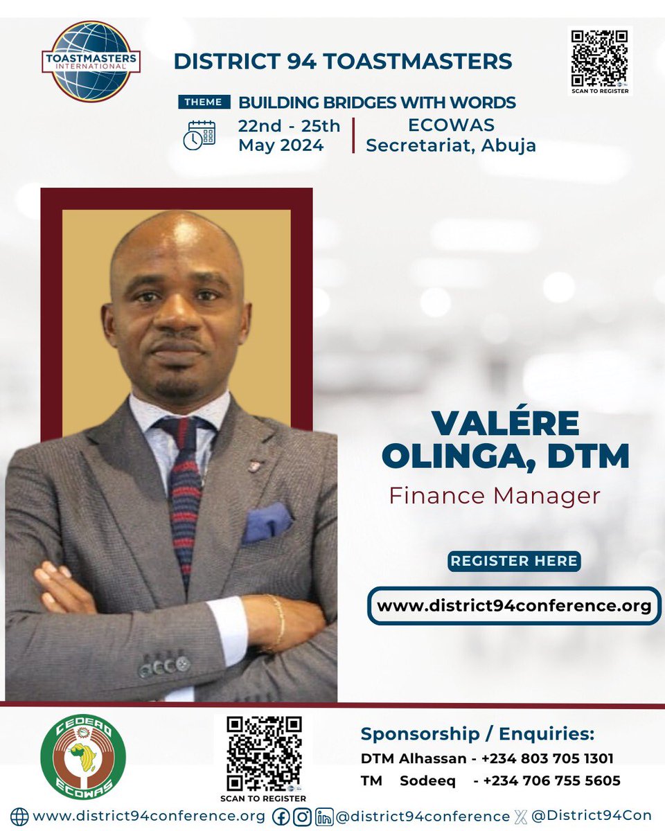 Meeting with world leaders is a great way to hone your leadership and communication skills. START NOW!!!

Meet our leaders! Valere Olinga, DTM

Theme: Building bridges with words
22nd - 25th May 2024 live in Abuja, Nigeria

REGISTER HERE: lnkd.in/eVdwZ4wu
