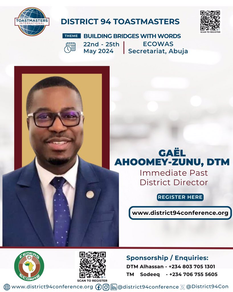 Meeting with world leaders is a great way to hone your leadership and communication skills. START NOW!!!

Meet our leaders! Gael Ahoomeh Zunu, DTM

Theme: Building bridges with words
22nd - 25th May 2024 live in Abuja, Nigeria

REGISTER HERE: lnkd.in/eVdwZ4wu