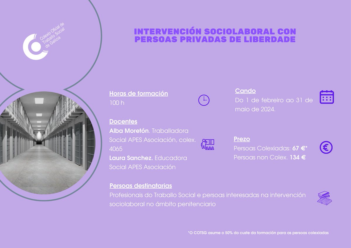 📚Comezamos coa formación do #COTSG para 2024!

👉🏼Curso sobre intervención sociolaboral con persoas privadas de liberdade

🖥️100 horas de formación online de febreiro a maio

💰Prezo para persoas colexiadas: 67€ o COTSG asume o 50% do custo

🔗Info: loom.ly/lCXdkYA