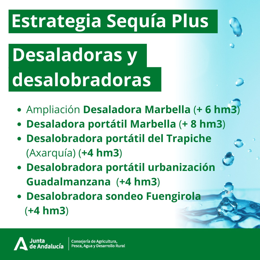 AgriculturAnd's tweet photo. 💦La Estrategia ‘Sequía Plus’ contempla 2️⃣6️⃣ hm3 de aguas provenientes de desaladoras y desalobradoras, especialmente en zonas más afectadas, como la provincia de #Málaga. 🚰 https://t.co/nZyodJP1tz