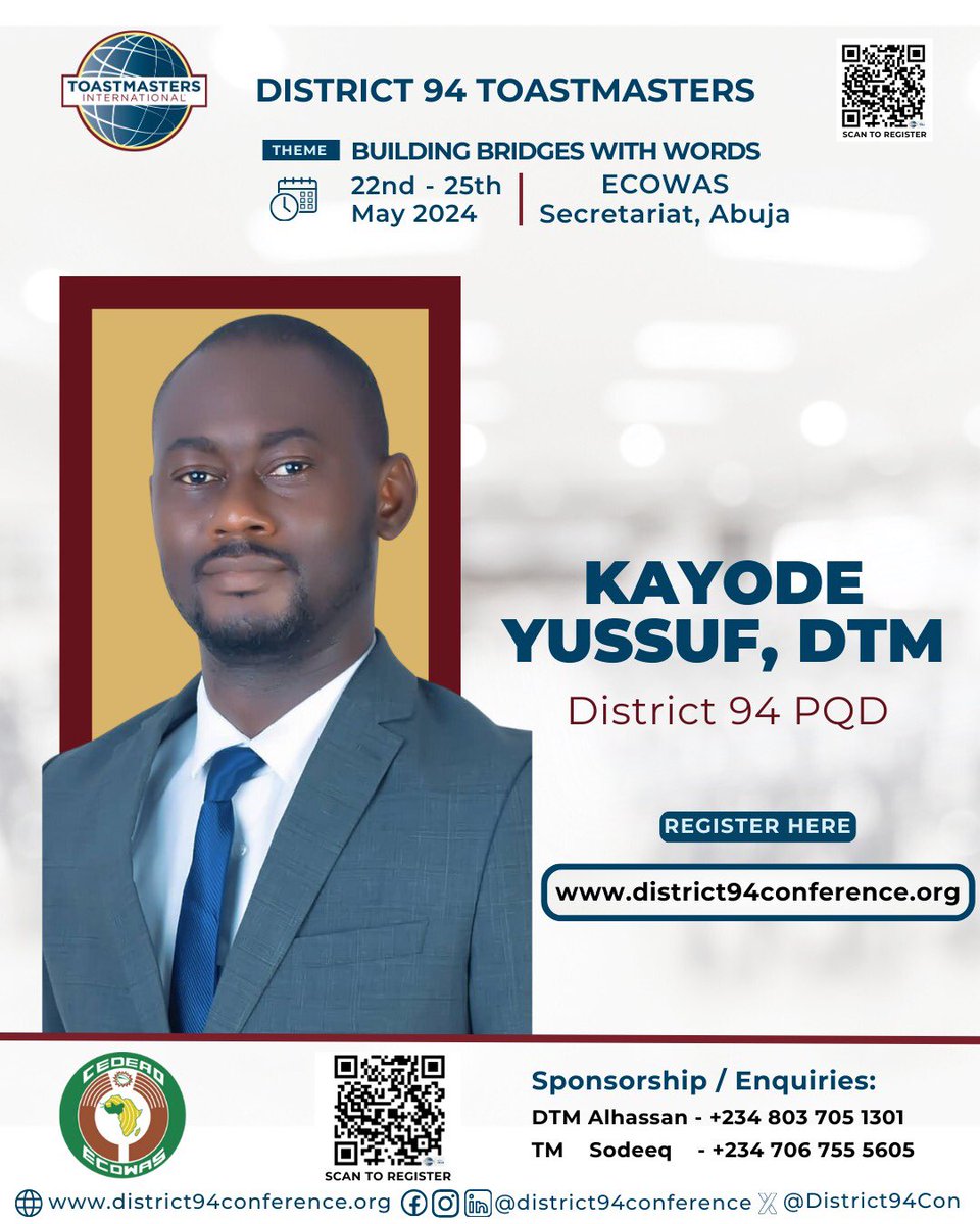 Meeting with world leaders is a great way to hone your leadership and communication skills. START NOW!!!

Meet our leaders! Kayode Yussuf, DTM

Theme: Building bridges with words
22nd - 25th May 2024 live in Abuja, Nigeria

REGISTER HERE: lnkd.in/eVdwZ4wu