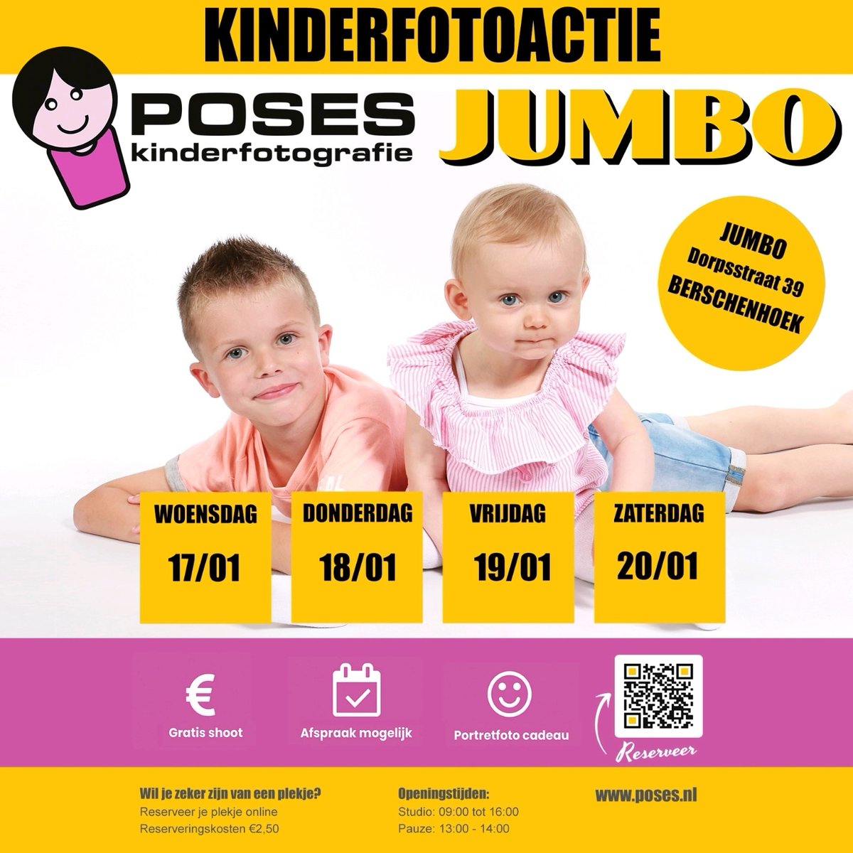 Noteer alvast in uw agenda. 📷

Vanaf woensdag 17 t/m 20 januari is Poses bij Jumbo Veltrop Bergschenhoek in de winkel en kunt u een GRATIS shoot laten maken van uw kind(eren)...

Om zeker te zijn van een plekje kunt u online reserveren: poses-agenda.nl/v2/#book